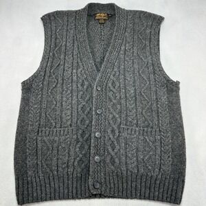 Vintage Eddie Bauer Sweater Vest Mens Medium Gray Wool Cable Knit VNeck Cardigan